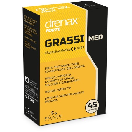 Confezione da 45 compresse di Drenax Forte Grassi Med, integratore contro sovrappeso e obesità. Confezione da 45 compresse di Drenax Forte Grassi Med, integratore contro sovrappeso e obesità.
