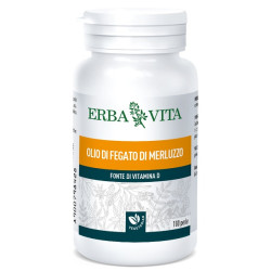 Flacone da 100 perle di Erba Vita Olio Di Fegato Di Merluzzo, integratore per ossa e vista.