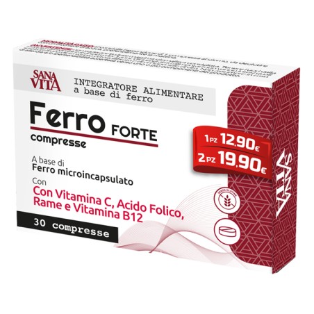 Confezione da 30 compresse di Sanavita Ferro Forte Integratore Per Funzione Cognitiva E Immunitaria.