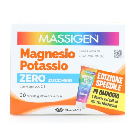 Confezione da 30 buste di Massigen Magnesio e potassio zero zuccheri integratore di sali minerali.