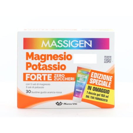 Confezione da 30 bustine di massigen magnesio e potassio forte senza zucchero.
