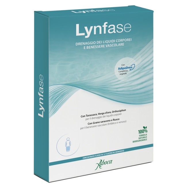 Confezione da 12 flaconcini di Aboca Lynfase Concentrato Fluido, integratore utile in caso di ritenzione idrica.