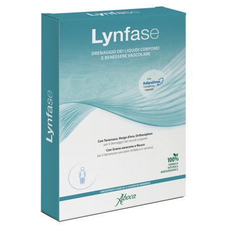 Confezione da 12 flaconcini di Aboca Lynfase Concentrato Fluido, integratore utile in caso di ritenzione idrica.