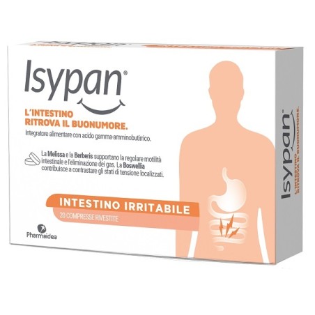 Confezione da 20 compresse di Isypan Intestino Irritabile, integratore utile in caso di gonfiore e dolori addominali.
