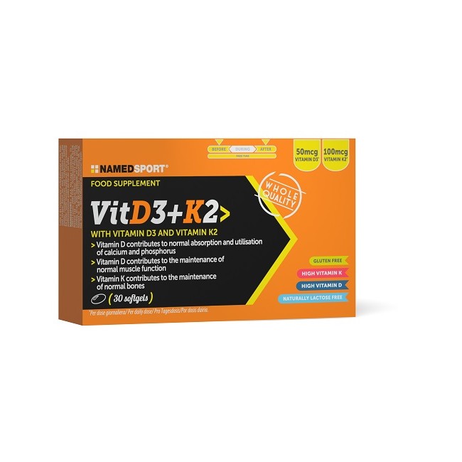 Confezione da 30 softgel di Named Sport Vit D3+K2, integratore per la funzionalità di ossa e cuore. Confezione da 30 softgel di Named Sport Vit D3+K2, integratore per la funzionalità di ossa e cuore.