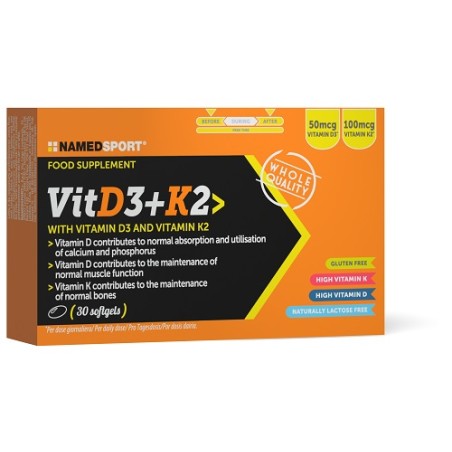 Confezione da 30 softgel di Named Sport Vit D3+K2, integratore per la funzionalità di ossa e cuore. Confezione da 30 softgel di Named Sport Vit D3+K2, integratore per la funzionalità di ossa e cuore.