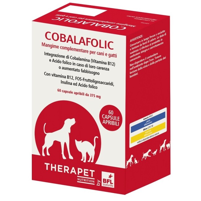 Confezione da 60 capsule di Cobalafolic Therapet, integratore per intestino e sistema immunitario di cani e gatti. Confezione da 60 capsule di Cobalafolic Therapet, integratore per intestino e sistema immunitario di cani e gatti.