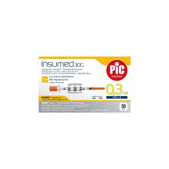 SIRINGA PER INSULINA PIC INSUMED 0,3 ML 100 UI SPAZIO ZERO AGO 30 GAUGE 8 MM 3 SACCHETTI DA 10 PEZZI SIRINGA PER INSULINA PIC INSUMED 0,3 ML 100 UI SPAZIO ZERO AGO 30 GAUGE 8 MM 3 SACCHETTI DA 10 PEZZI