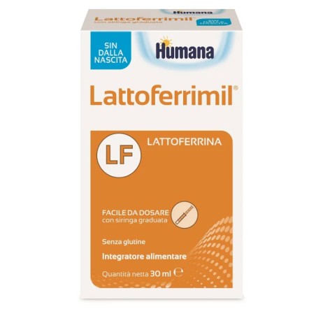 Flacone da 30 ml di Humana Lattoferrimil LF, integratore per il sistema immunitario dei bambini.