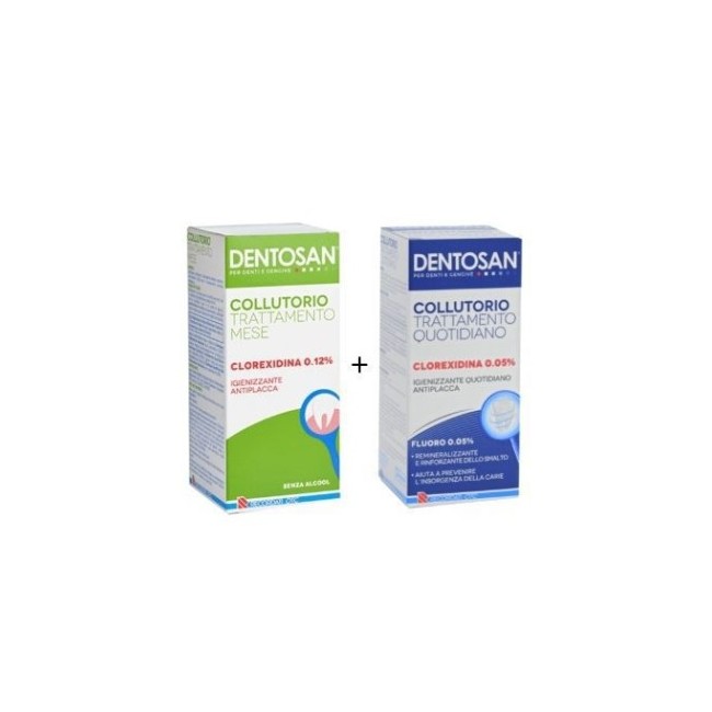 Confezione bipack contenente 200 ml di Dentosan 0,12 % e 200 ml di Dentosan 0,05%. Confezione bipack contenente 200 ml di Dentosan 0,12 % e 200 ml di Dentosan 0,05%.
