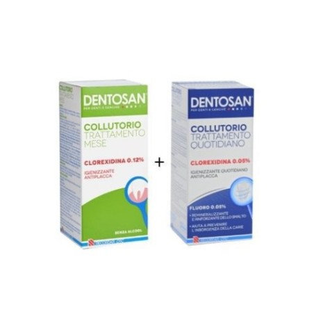 Confezione bipack contenente 200 ml di Dentosan 0,12 % e 200 ml di Dentosan 0,05%.