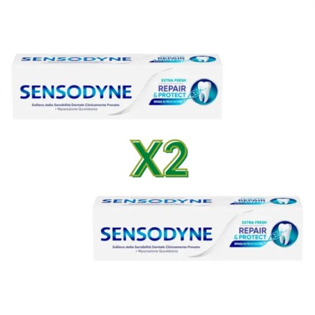 Confezione contenente 2 tubi da 75 ml di Sensodyne Repair & Protect Extra Fresh, dentifricio per sensibilità dentale. Confezione contenente 2 tubi da 75 ml di Sensodyne Repair & Protect Extra Fresh, dentifricio per sensibilità dentale.
