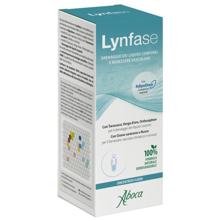 Flacone da 180 gr. di Aboca Lynfase Concentrato Fluido, integratore ad azione drenante e anticellulite.