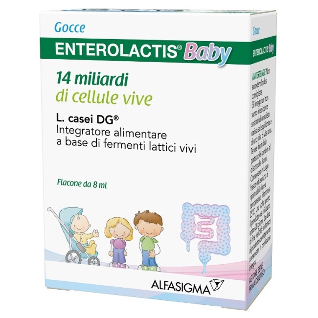 Flacone da 8 ml di Enterolactis Baby, integratore per riequilibrare la flora intestinale dei bambini.