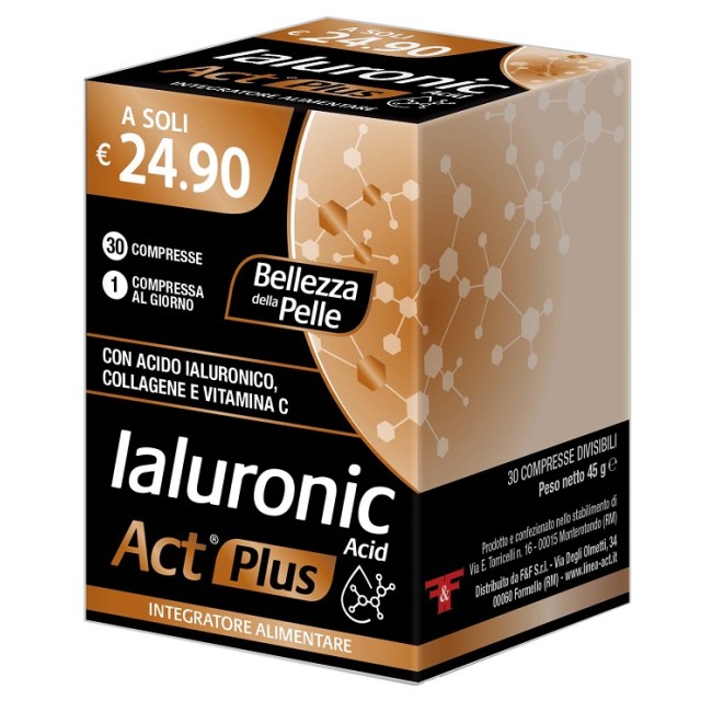 Confezione da 30 compresse di Ialuronic Acid Act Plus, integratore per il benessere della pelle. Confezione da 30 compresse di Ialuronic Acid Act Plus, integratore per il benessere della pelle.