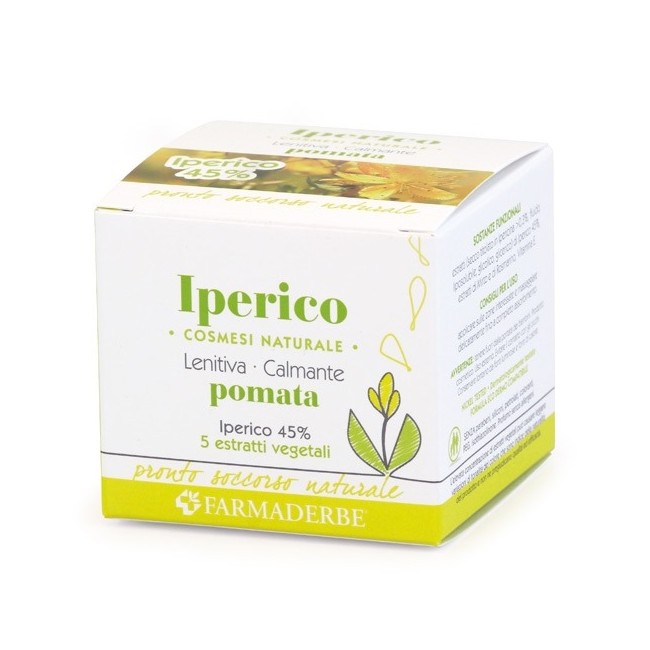 Vasetto da 75 ml di Iperico Pomata, crema lenitiva per pelle irritata e arrossata. Vasetto da 75 ml di Iperico Pomata, crema lenitiva per pelle irritata e arrossata.