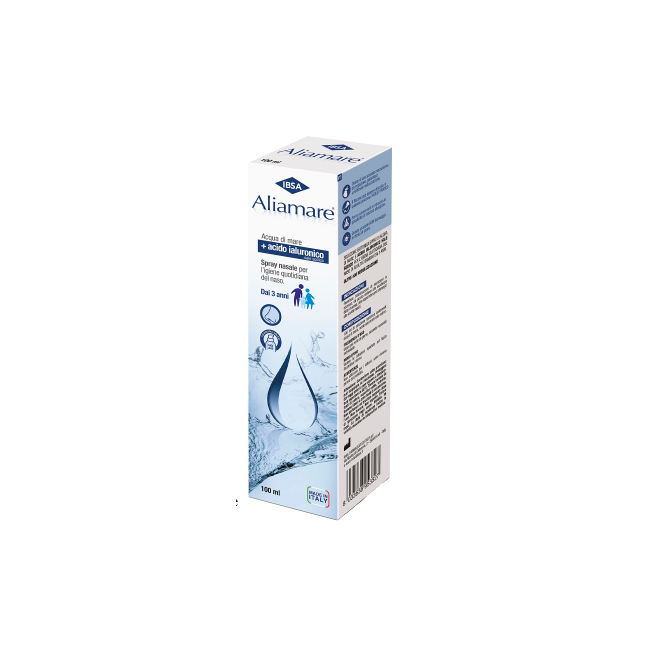 Flacone spray da 100 ml di Aliamare Spray Soluzione Isotonica per l'igiene quotidiana di naso e orecchie.