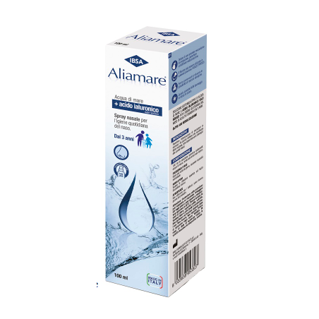 Flacone spray da 100 ml di Aliamare Spray Soluzione Isotonica per l'igiene quotidiana di naso e orecchie.