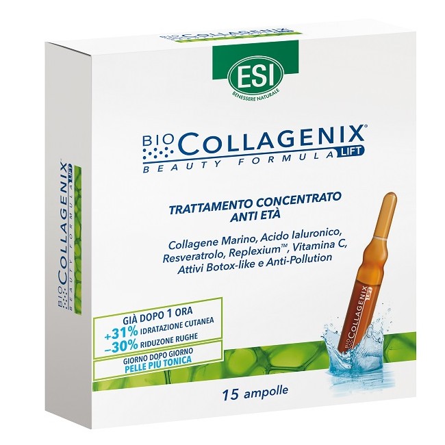 Confezione da 25 ampolle di Esi Biocollagenix, trattamento anti rughe per viso e collo. Confezione da 25 ampolle di Esi Biocollagenix, trattamento anti rughe per viso e collo.