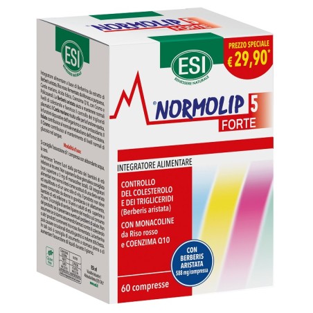 Confezione da 60 compresse di Esi Normolip 5 Forte integratore per abbassare colesterolo glicemia e pressione.