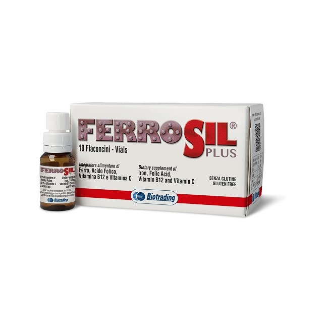 Confezione da 10 flaconcini di Ferrosil Plus Integratore Di Ferro E Vitamine Contro Stanchezza Ed Affaticamento.