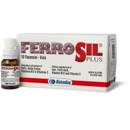 Confezione da 10 flaconcini di Ferrosil Plus Integratore Di Ferro E Vitamine Contro Stanchezza Ed Affaticamento.