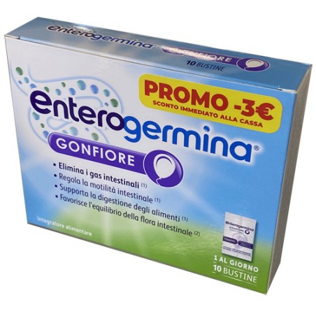Confezione da 10 bustine di Enterogermina Gonfiore Integratore Per Il Gonfiore Addominale.
