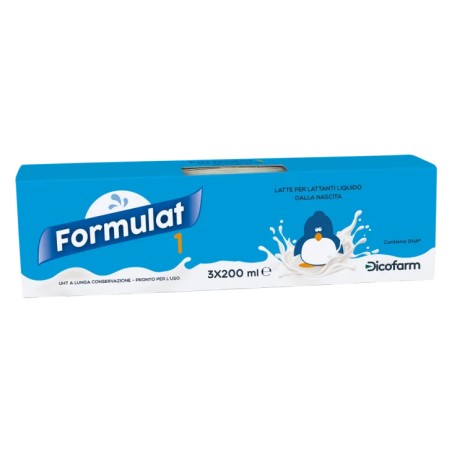 Confezione contenente 3 brick da 200 ml di Formulat 1, latte per bambini dalla nascita al sesto mese.