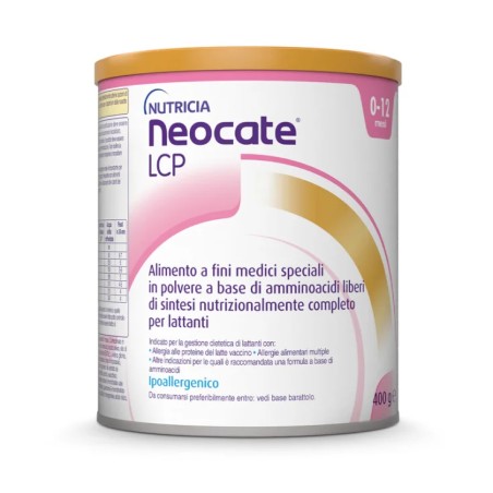 Barattolo da 400 grammi di Neocate Lcp, latte in polvere per bambini con allergie alimentari.