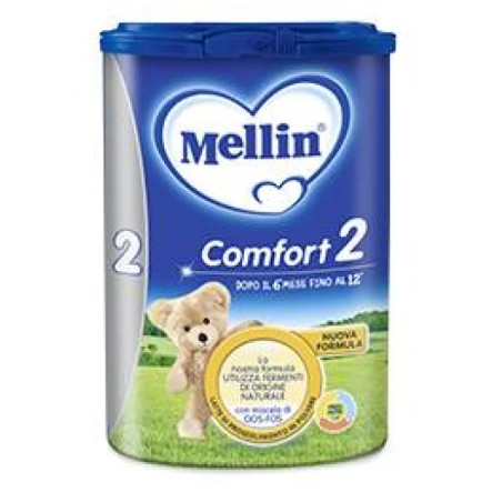 Confezione da 800 grammi di Mellin Comfort 2, latte in polvere per coliche e stitichezza.