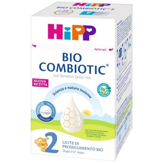 Confezione da 600 g di Hipp Bio Combiotic 2, latte di proseguimento per bambini a pertire dal sesto mese. Confezione da 600 g di Hipp Bio Combiotic 2, latte di proseguimento per bambini a pertire dal sesto mese.