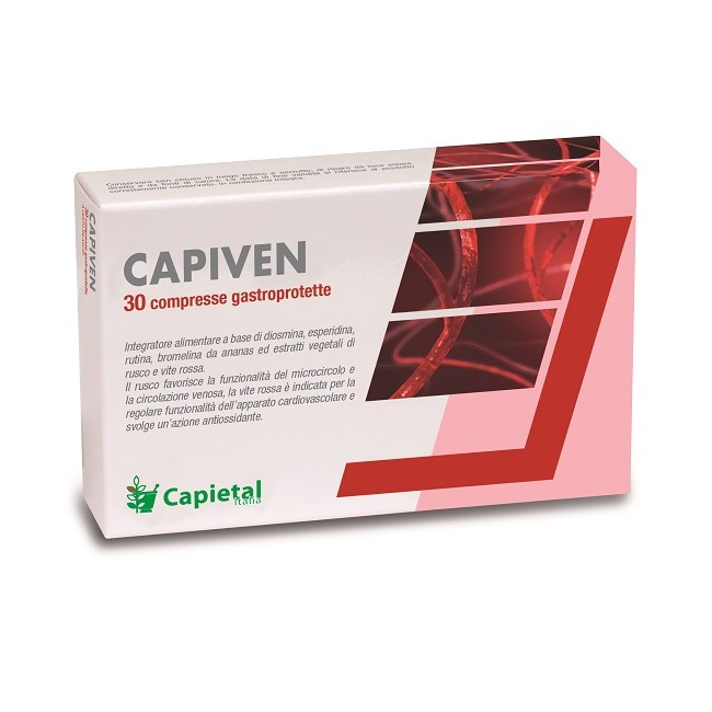 Confezione da 30 compresse di Capiven, integratore per migliorare la circolazione venosa.