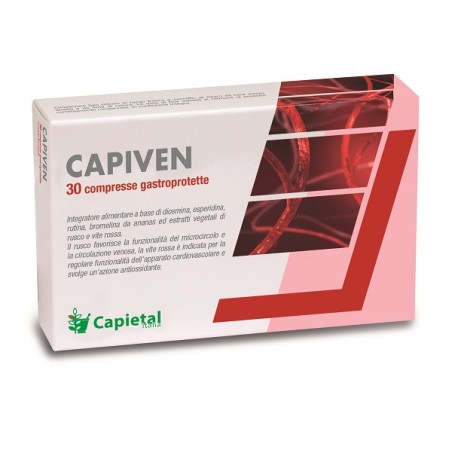 Confezione da 30 compresse di Capiven, integratore per migliorare la circolazione venosa.
