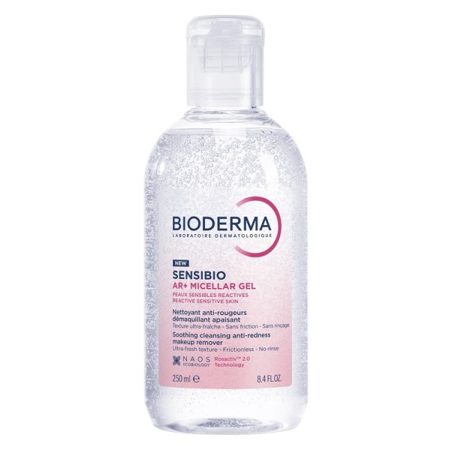 Flacone da 250 ml di Bioderma Sensibio AR+ Gel Micellare Struccante Detergente Anti-Rossori.