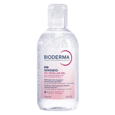 Flacone da 250 ml di Bioderma Sensibio AR+ Gel Micellare Struccante Detergente Anti-Rossori.