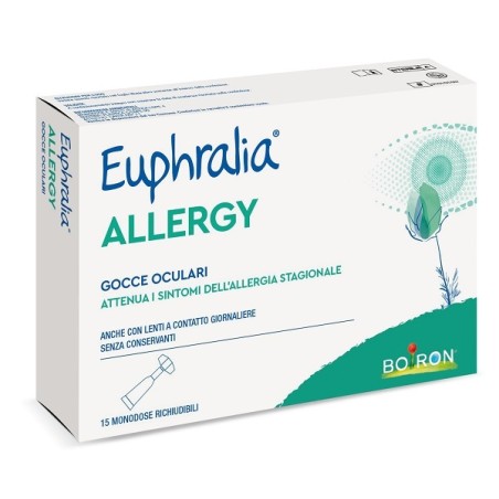 Confezione contenente 15 flaconcini monodose di Euphralia Allergy, collirio idratante e lenitivo per il benessere oculare. Confezione contenente 15 flaconcini monodose di Euphralia Allergy, collirio idratante e lenitivo per il benessere oculare.