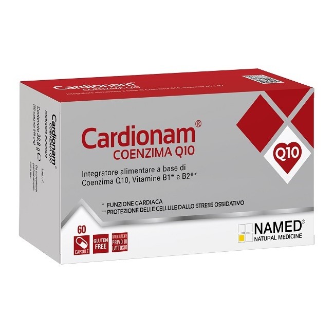 Confezione da 60 compresse di Named Cardionam Coenzima Q10, integratore antiossidante per il benessere cardiovascolare.