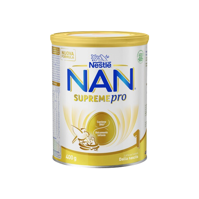 Barattolo da 400 grammi di Nestlè NAN Supreme Pro 1 Latte Artificiale Dalla Nascita Ai 6 Mesi. Barattolo da 400 grammi di Nestlè NAN Supreme Pro 1 Latte Artificiale Dalla Nascita Ai 6 Mesi.