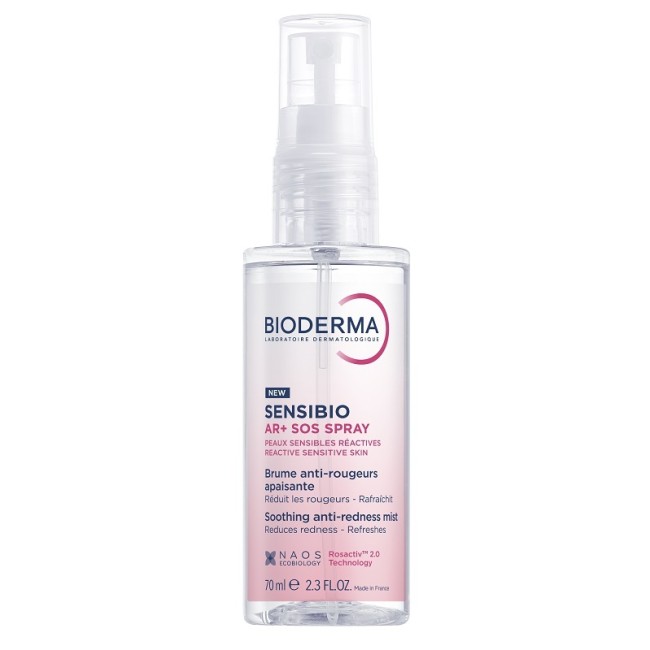 Flacone spray da 70 ml di Bioderma Sensibio AR+ SOS Spray Lenitivo Anti-Rossore Per Pelle Reattiva. Flacone spray da 70 ml di Bioderma Sensibio AR+ SOS Spray Lenitivo Anti-Rossore Per Pelle Reattiva.