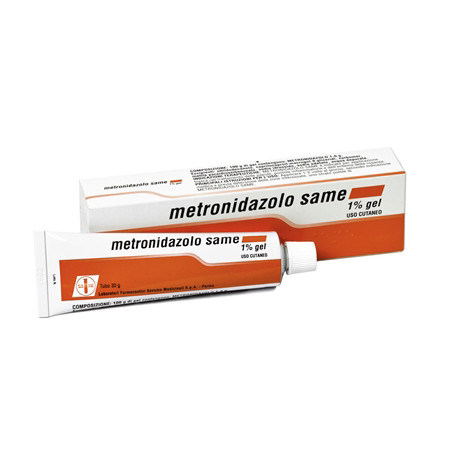 Tubo da 30 grammi di Metronidazolo Same 1%, gel per pustole infiammatorie ed eritema della rosacea.