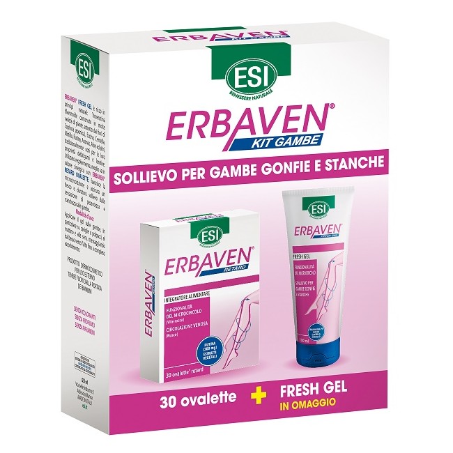 Kit contenente 30 ovalette di Esi Erbaven Retard e 100 ml di Esi Erbaven fresh gel, utile in caso di gambe gonfie e pesanti. Kit contenente 30 ovalette di Esi Erbaven Retard e 100 ml di Esi Erbaven fresh gel, utile in caso di gambe gonfie e pesanti.