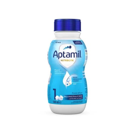 Bottiglia da 500 ml di Aptamil 1, latte liquido per neonati dalla nascita fino al sesto mese.