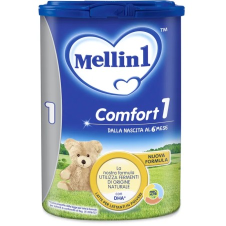 Confezione da 800 grammi di Mellin Comfort 1, latte in polvere per neonati Da 0 a 6 mesi.