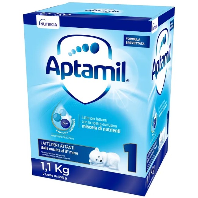Confezione da 1100 grammi di Aptamil 1, latte in polvere per neonati da 0 a 6 mesi. Confezione da 1100 grammi di Aptamil 1, latte in polvere per neonati da 0 a 6 mesi.