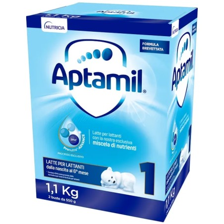 Confezione da 1100 grammi di Aptamil 1, latte in polvere per neonati da 0 a 6 mesi.