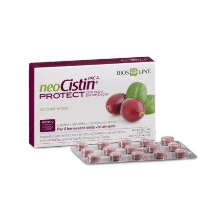 Confezione da 30 compresse di Bios Line NeoCistin PAC-A Protect, integratore per alleviare fastidi urinari. Confezione da 30 compresse di Bios Line NeoCistin PAC-A Protect, integratore per alleviare fastidi urinari.