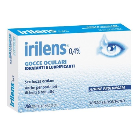 Confezione da 10 flaconcini di Irilens 0,4% gocce oculari idratanti e lubrificanti. Confezione da 10 flaconcini di Irilens 0,4% gocce oculari idratanti e lubrificanti.