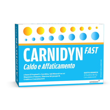 Confezione da 20 buste di Carnidyn fast integratore tonificante per stanchezza e affaticamento.