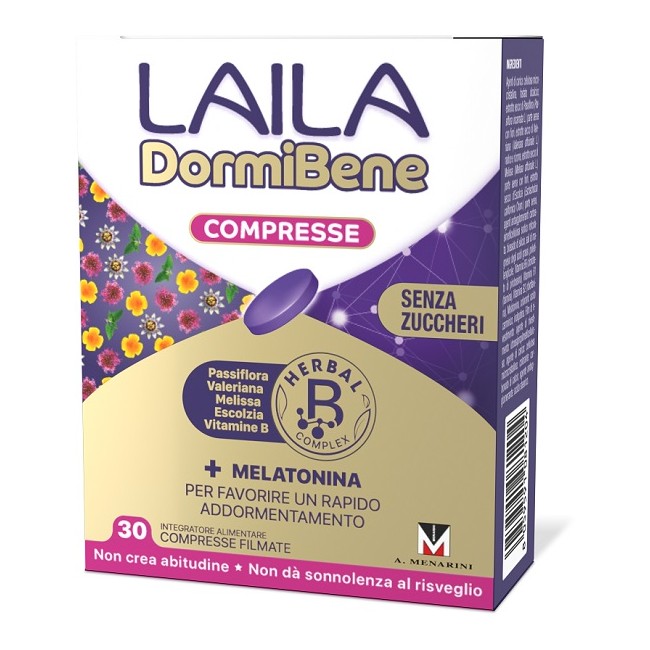 Confezione da 30 compresse di Laila Dormibene Integratore Di Melatonina Per Favorire Il Sonno. Confezione da 30 compresse di Laila Dormibene Integratore Di Melatonina Per Favorire Il Sonno.