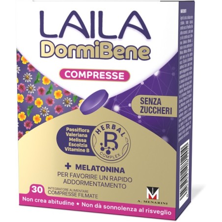 Confezione da 30 compresse di Laila Dormibene Integratore Di Melatonina Per Favorire Il Sonno. Confezione da 30 compresse di Laila Dormibene Integratore Di Melatonina Per Favorire Il Sonno.